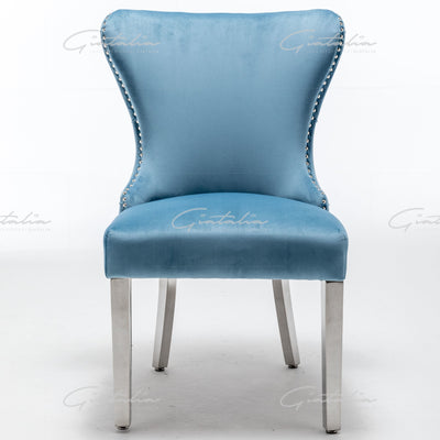 Florence Powder Blue French Velvet Button Back Dining Chair With Chrome Legs-Esme Furnishings