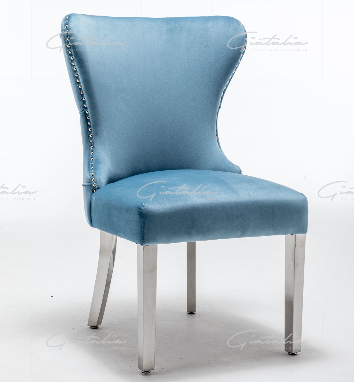 Florence Powder Blue French Velvet Button Back Dining Chair With Chrome Legs-Esme Furnishings