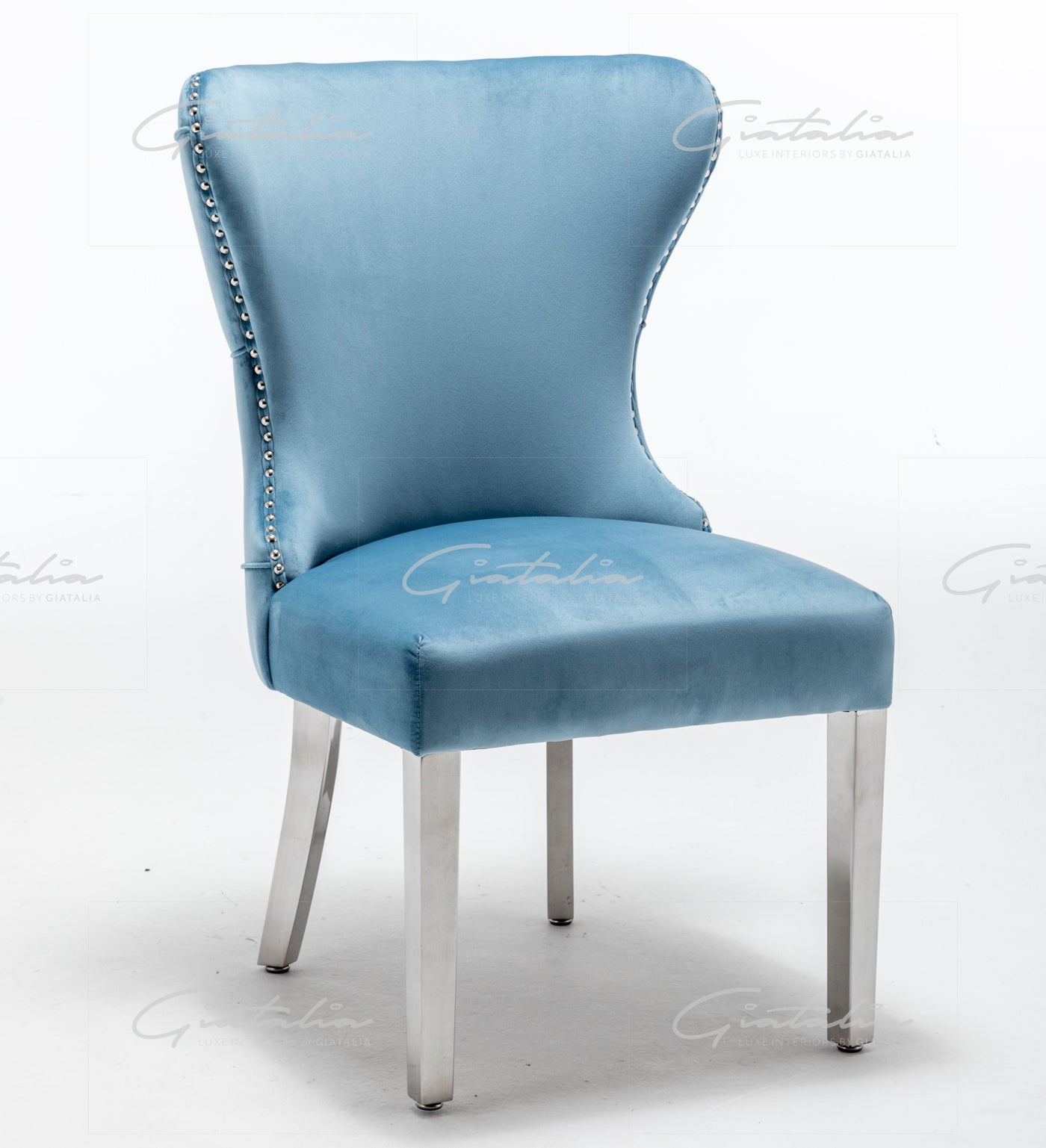 Florence Powder Blue French Velvet Button Back Dining Chair With Chrome Legs-Esme Furnishings