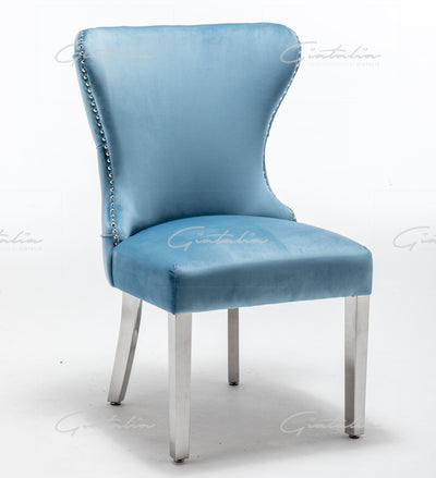 Florence Powder Blue French Velvet Button Back Dining Chair With Chrome Legs-Esme Furnishings