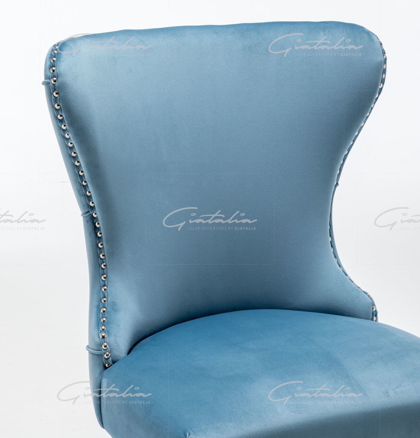 Florence Powder Blue French Velvet Button Back Dining Chair With Chrome Legs-Esme Furnishings