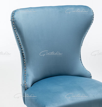 Florence Powder Blue French Velvet Button Back Dining Chair With Chrome Legs-Esme Furnishings
