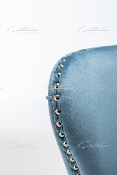Florence Powder Blue French Velvet Button Back Dining Chair With Chrome Legs-Esme Furnishings