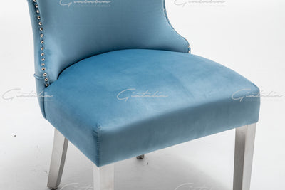 Florence Powder Blue French Velvet Button Back Dining Chair With Chrome Legs-Esme Furnishings
