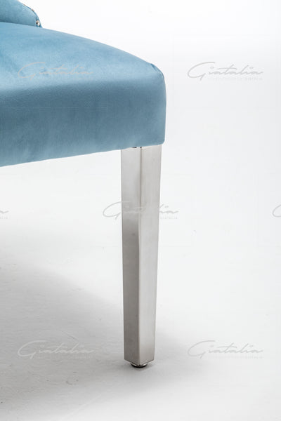 Florence Powder Blue French Velvet Button Back Dining Chair With Chrome Legs-Esme Furnishings