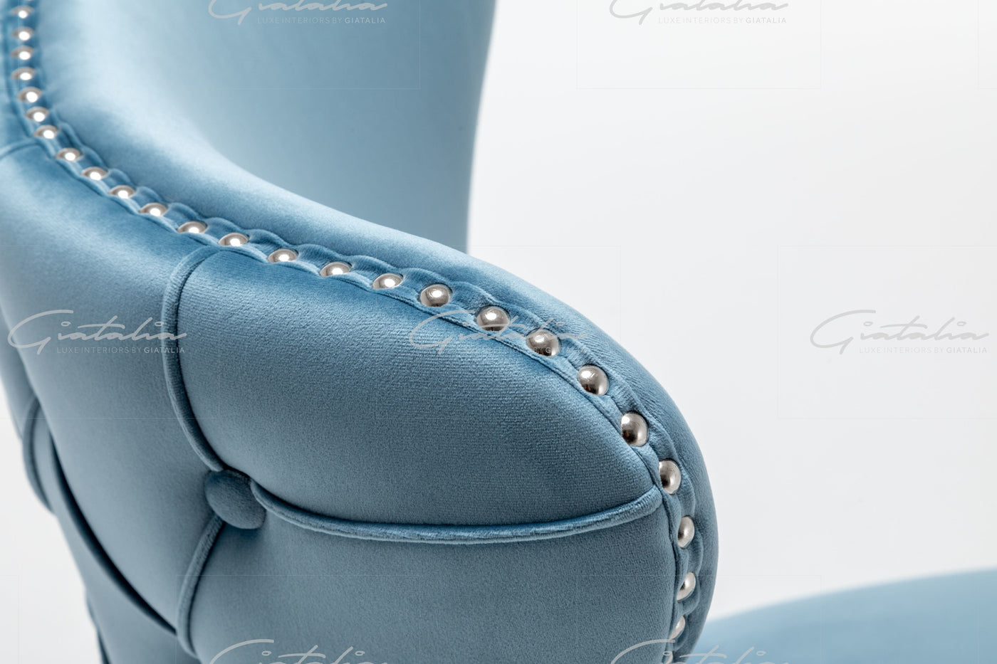 Florence Powder Blue French Velvet Button Back Dining Chair With Chrome Legs-Esme Furnishings