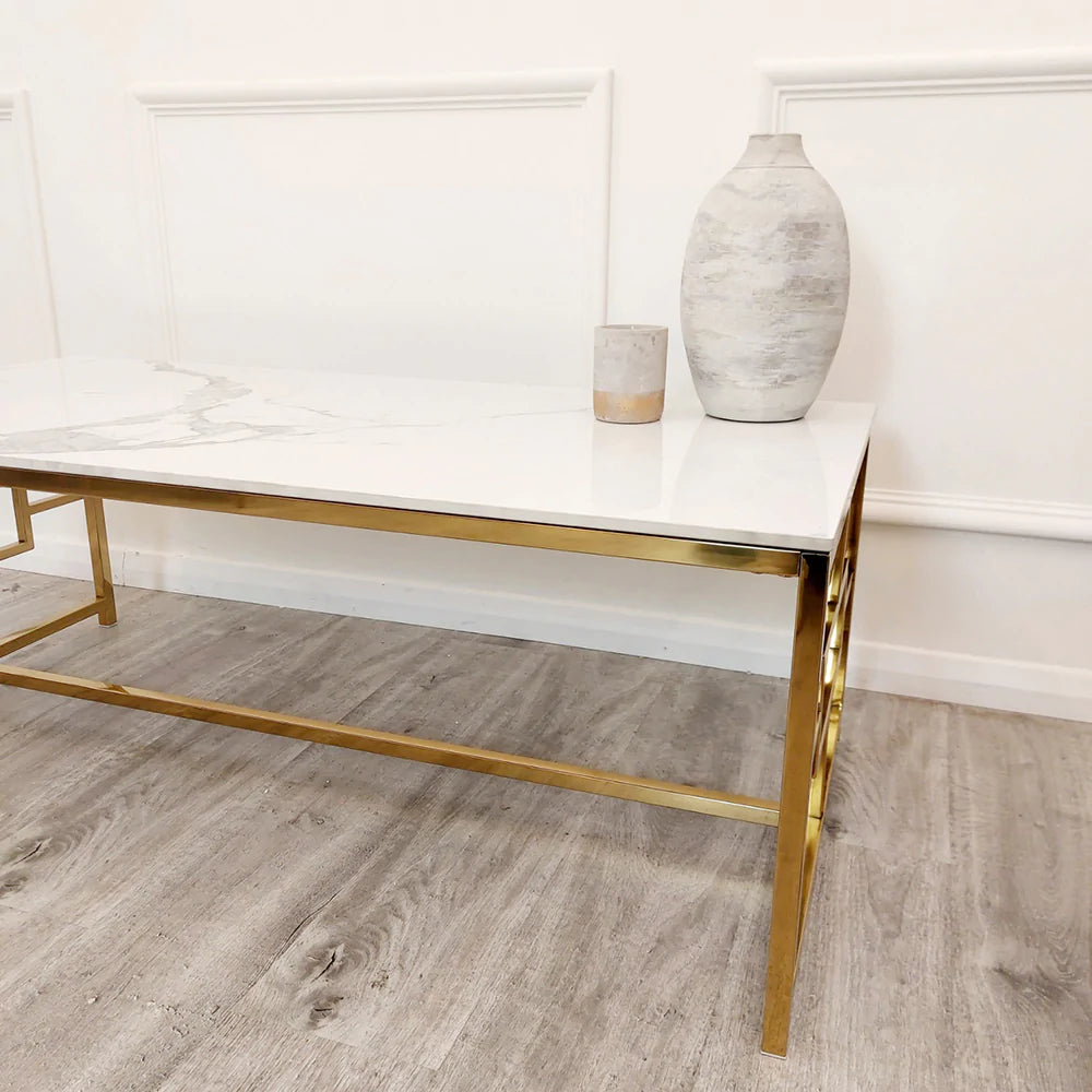 Geo Gold Coffee Table with Polar White Sintered Top-Esme Furnishings