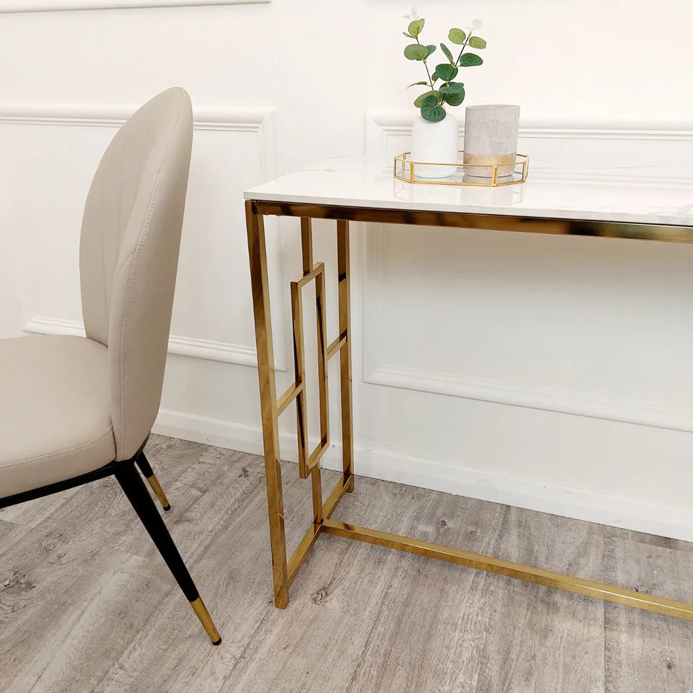 Geo Gold Console Table with Polar White Sintered Top-Esme Furnishings