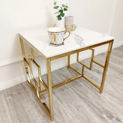 Geo Gold Lamp Side Table with Polar White Sintered Top-Esme Furnishings