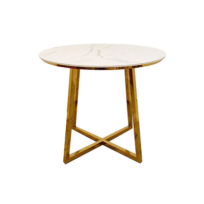 Juno 90cm Round Gold Dining Table with Polar White Sintered Stone Top + Gold Lion Knocker Dining Chairs-Esme Furnishings
