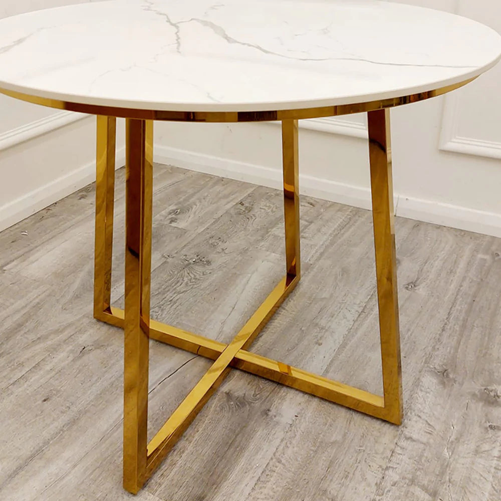 Juno 90cm Round Gold Dining Table with Polar White Sintered Stone Top + Gold Lion Knocker Dining Chairs-Esme Furnishings