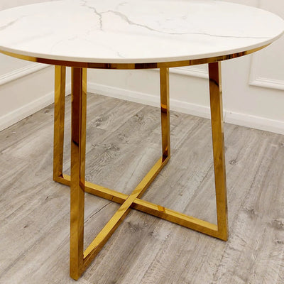 Juno 90cm Round Gold Dining Table with Polar White Sintered Stone Top + Gold Lion Knocker Dining Chairs-Esme Furnishings
