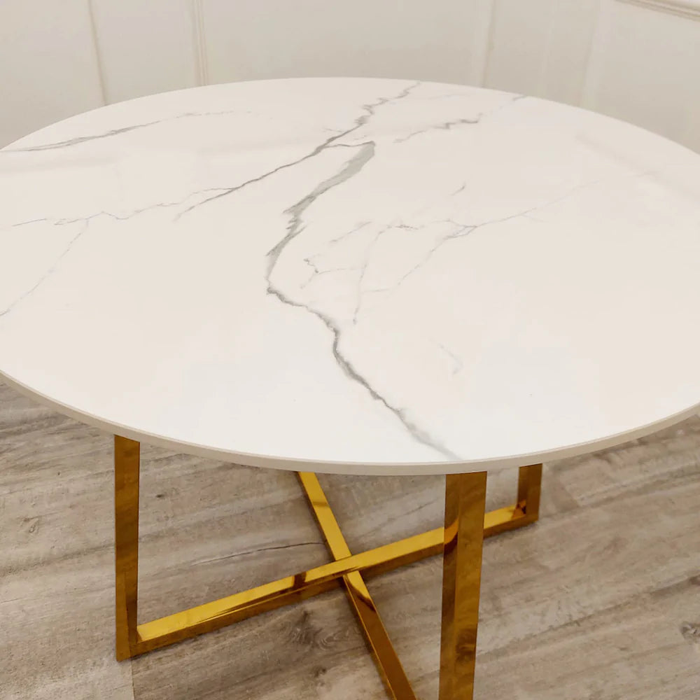 Juno 90cm Round Gold Dining Table with Polar White Sintered Stone Top + Gold Lion Knocker Dining Chairs-Esme Furnishings