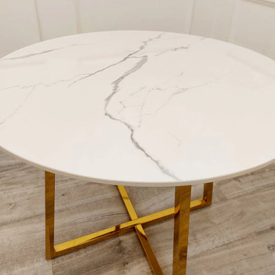 Juno 90cm Round Gold Dining Table with Polar White Sintered Stone Top + Gold Lion Knocker Dining Chairs-Esme Furnishings