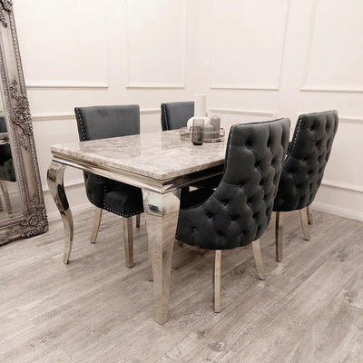 Louis Grey Marble Dining Table + Kensington Button Back Velvet Dining Chairs