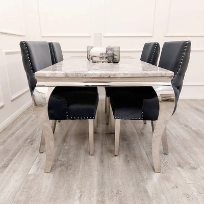 Louis Grey Marble Dining Table + Kensington Button Back Velvet Dining Chairs