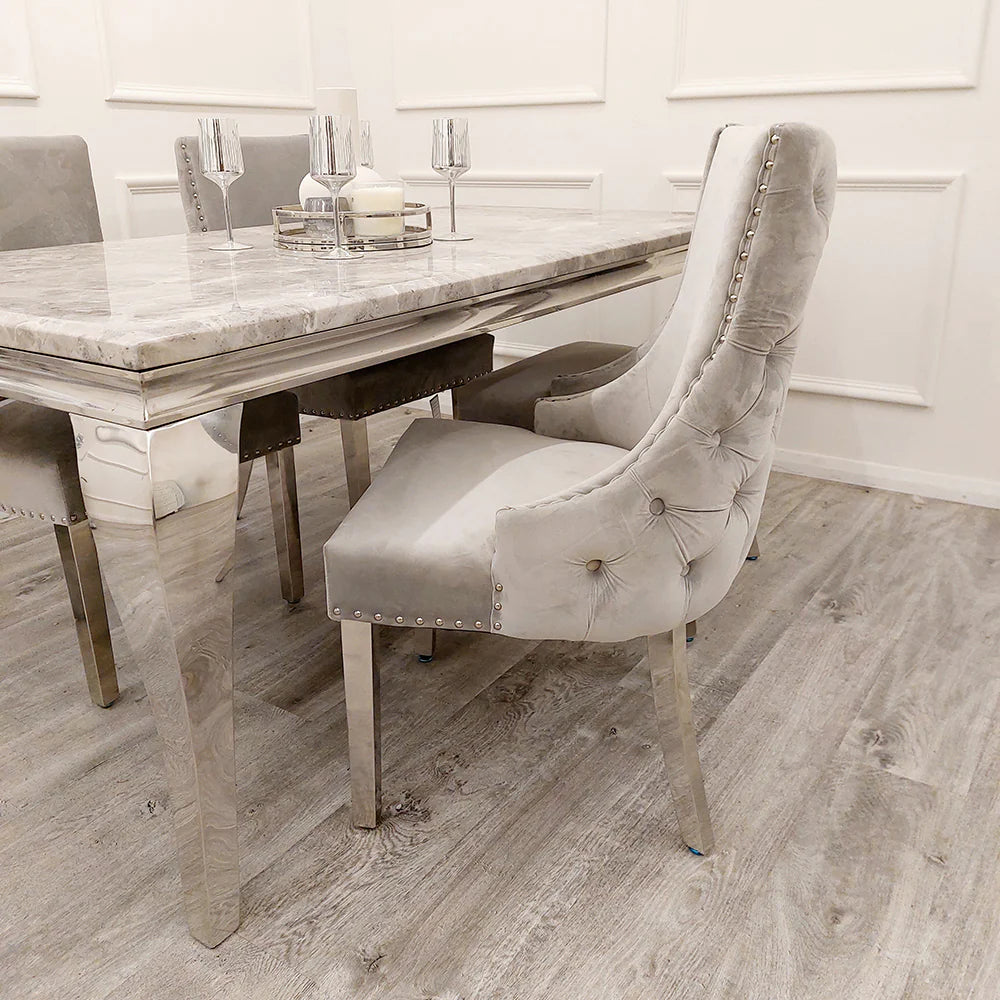 Louis Grey Marble Dining Table + Kensington Button Back Velvet Dining Chairs