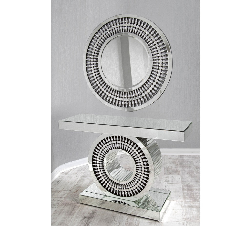 Clear Mirrored Teardrop Glass Console Table + Round Mirror Set-Esme Furnishings