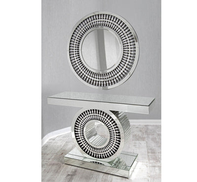 Clear Mirrored Teardrop Glass Console Table + Round Mirror Set-Esme Furnishings