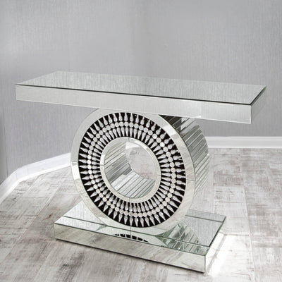 Clear Mirrored Teardrop Glass Console Table + Round Mirror Set-Esme Furnishings