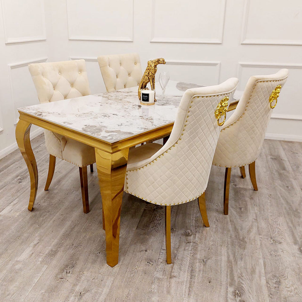 Louis Gold Pandora Gold Sintered Stone Dining Table With Gold Lion Knocker Dining Chairs-Esme Furnishings