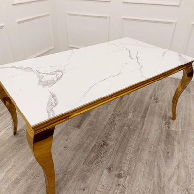 Louis Gold Polar White Sintered Stone Dining Table With Gold Lion Knocker Dining Chairs-Esme Furnishings