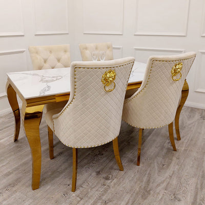Louis Gold Polar White Sintered Stone Dining Table With Gold Lion Knocker Dining Chairs-Esme Furnishings