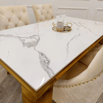 Louis Gold Polar White Sintered Stone Dining Table With Gold Lion Knocker Dining Chairs-Esme Furnishings