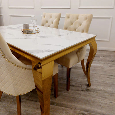 Louis Gold Polar White Sintered Stone Dining Table With Gold Lion Knocker Dining Chairs-Esme Furnishings