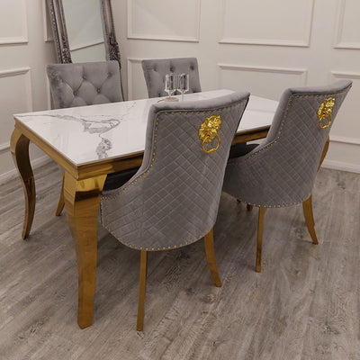 Louis Gold Polar White Sintered Stone Dining Table With Gold Lion Knocker Dining Chairs-Esme Furnishings