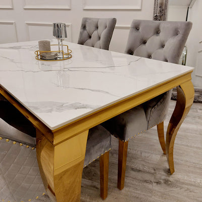 Louis Gold Polar White Sintered Stone Dining Table With Gold Lion Knocker Dining Chairs-Esme Furnishings