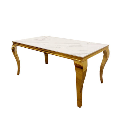 Louis Gold Polar White Sintered Stone Dining Table With Gold Lion Knocker Dining Chairs-Esme Furnishings