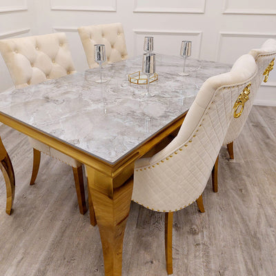 Louis Gold Ash Grey Sintered Stone Dining Table With Gold Lion Knocker Dining Chairs-Esme Furnishings