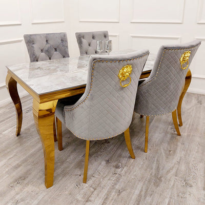 Louis Gold Ash Grey Sintered Stone Dining Table With Gold Lion Knocker Dining Chairs-Esme Furnishings