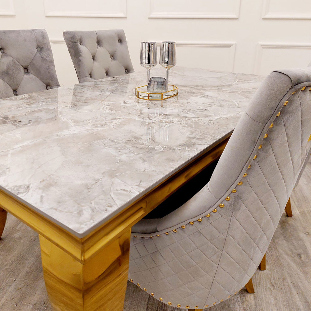 Louis Gold Ash Grey Sintered Stone Dining Table With Gold Lion Knocker Dining Chairs-Esme Furnishings
