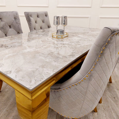 Louis Gold Ash Grey Sintered Stone Dining Table With Gold Lion Knocker Dining Chairs-Esme Furnishings