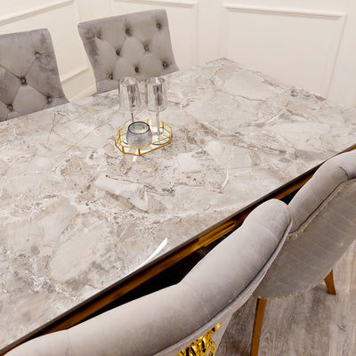 Louis Gold Ash Grey Sintered Stone Dining Table With Gold Lion Knocker Dining Chairs-Esme Furnishings