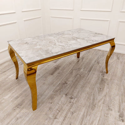 Louis Gold Ash Grey Sintered Stone Dining Table With Gold Lion Knocker Dining Chairs-Esme Furnishings