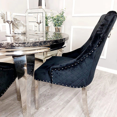 Louis Round 130cm Marble Dining Table + Lion Knocker Plush Velvet Dining Chairs