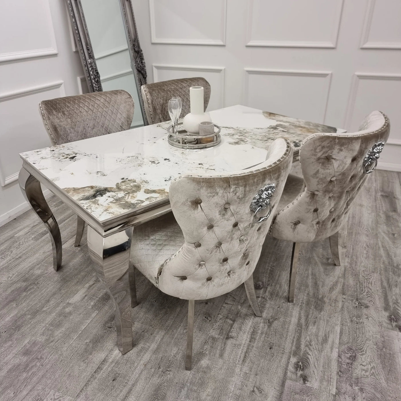Louis Chrome Ceramic Sintered Stone & Chrome Dining Table 3 Colours