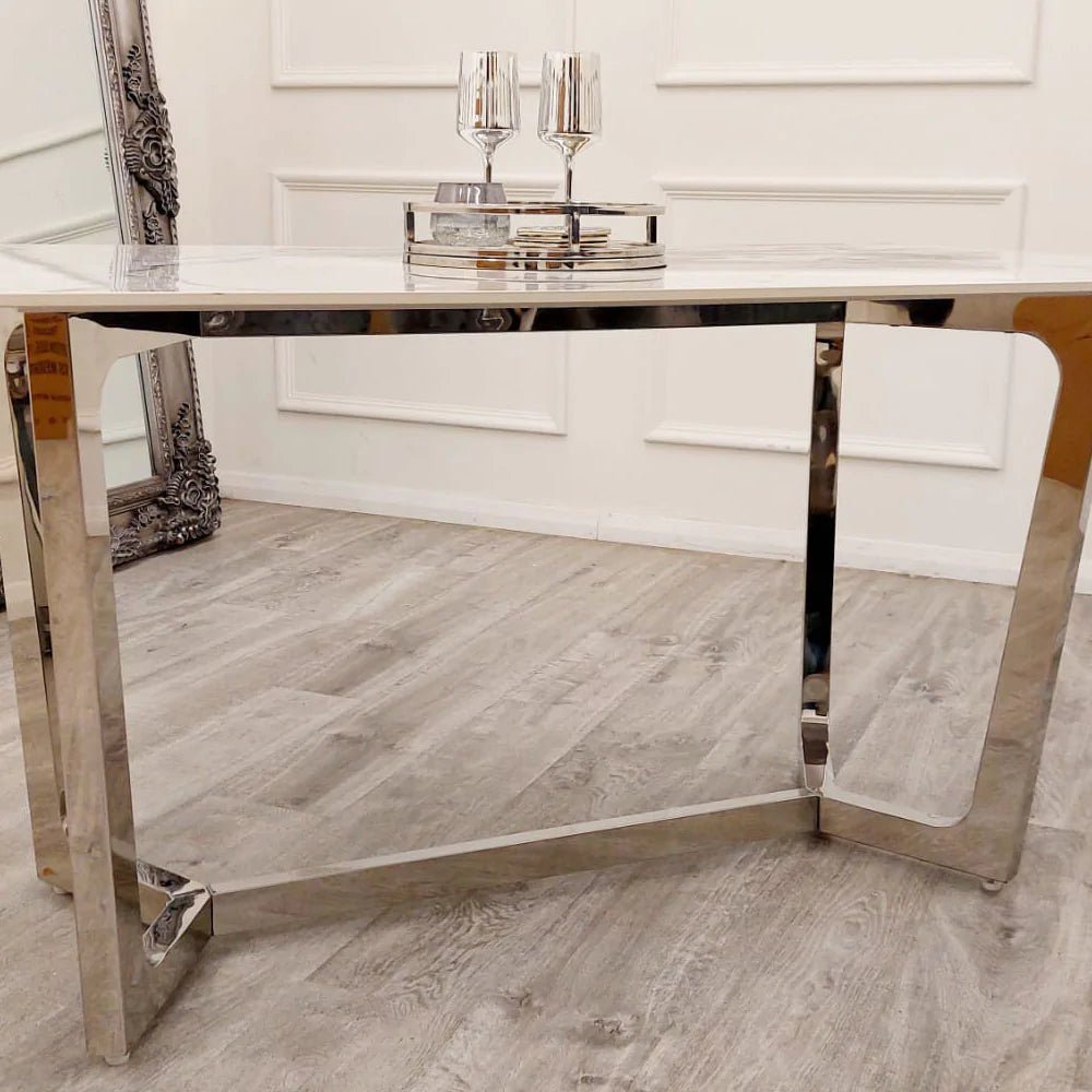 Lucien 160cm Chrome Dining Table with Polar White Sintered Stone Top + Chrome Quilted Back Lion Knocker Dining Chairs-Esme Furnishings