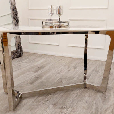 Lucien 160cm Chrome Dining Table with Polar White Sintered Stone Top + Chrome Quilted Back Lion Knocker Dining Chairs-Esme Furnishings
