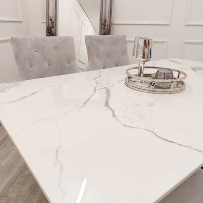 Lucien 160cm Chrome Dining Table with Polar White Sintered Stone Top + Chrome Quilted Back Lion Knocker Dining Chairs-Esme Furnishings
