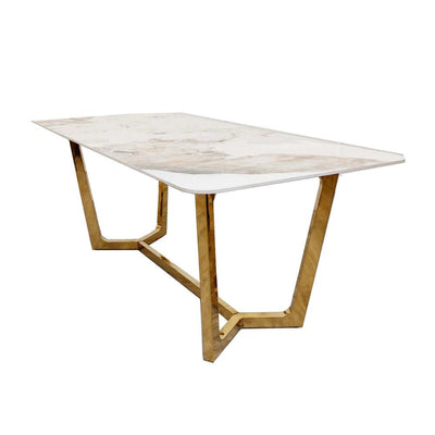 Lucien 180cm Gold Dining Table with Pandora Gold Sintered Stone Top + Belmont Gold Lion Knocker Dining Chairs-Esme Furnishings