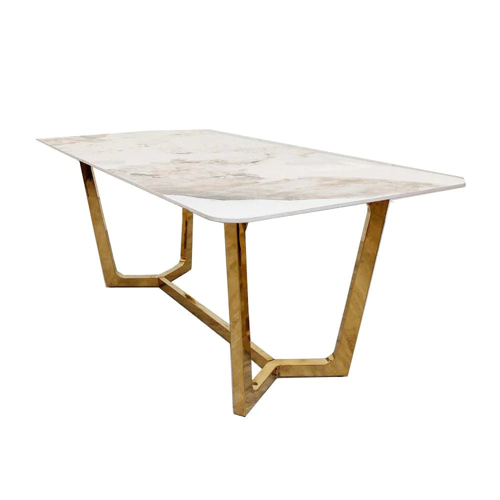 Lucien 180cm Gold Dining Table with Pandora Gold Sintered Stone Top + Astra Beige PU Leather Dining Chairs-Esme Furnishings