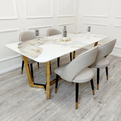 Lucien 180cm Gold Dining Table with Pandora Gold Sintered Stone Top + Astra Beige PU Leather Dining Chairs-Esme Furnishings