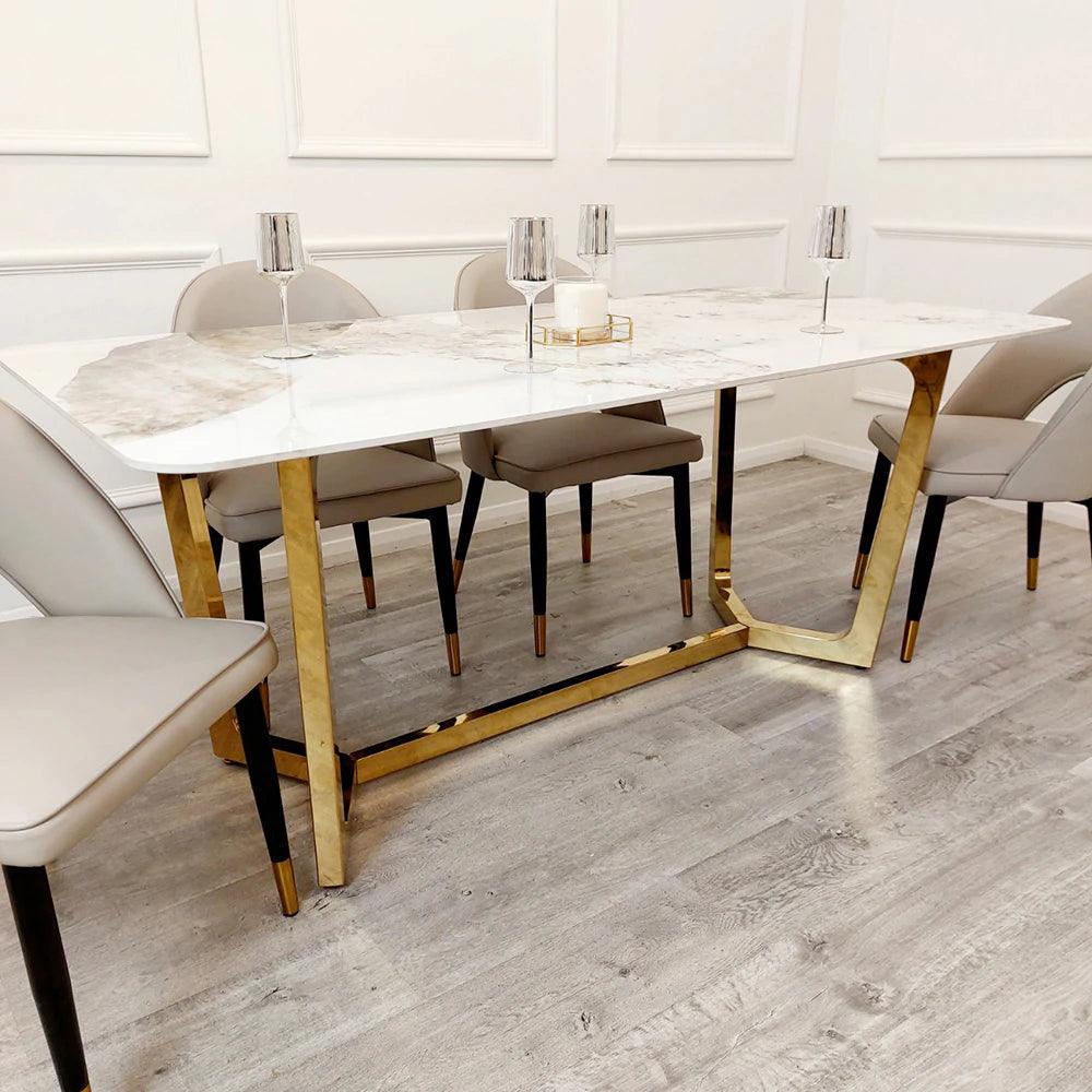Lucien 180cm Gold Dining Table with Pandora Gold Sintered Stone Top + Astra Beige PU Leather Dining Chairs-Esme Furnishings