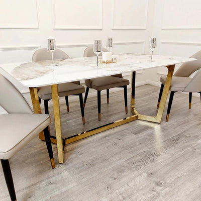 Lucien 180cm Gold Dining Table with Pandora Gold Sintered Stone Top + Astra Beige PU Leather Dining Chairs-Esme Furnishings