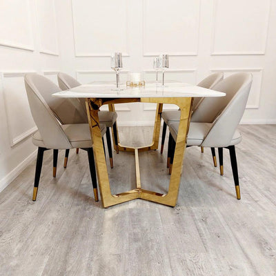 Lucien 180cm Gold Dining Table with Pandora Gold Sintered Stone Top + Astra Beige PU Leather Dining Chairs-Esme Furnishings