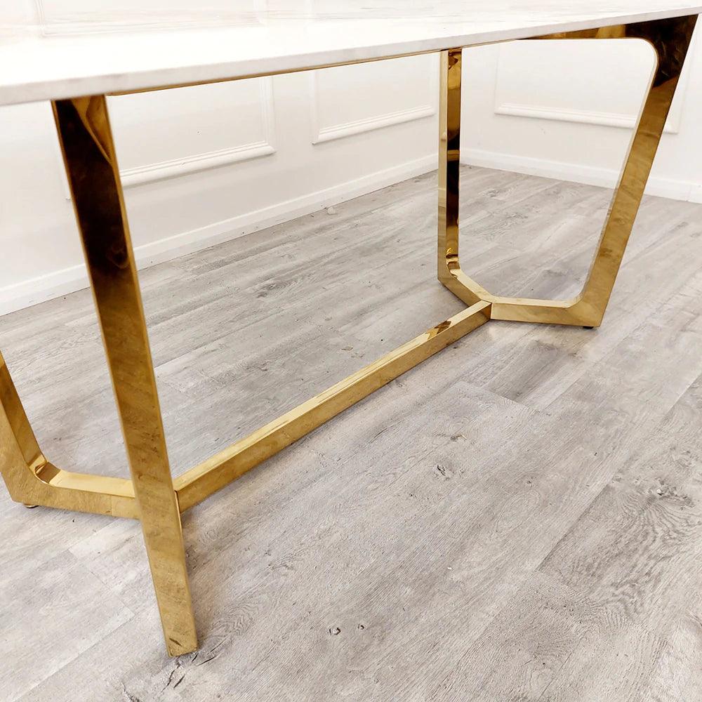 Lucien 180cm Gold Dining Table with Pandora Gold Sintered Stone Top + Etta Beige PU Leather Dining Chairs-Esme Furnishings